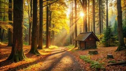 Poster - Golden Hour Serenity A Rustic Cabin Nestled Amongst Autumnal Trees on a Sun-Dappled Path