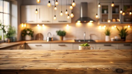 Poster - Rustic Wooden Tabletop in a Warm and Inviting Kitchen Setting with Soft Lighting and Greenery