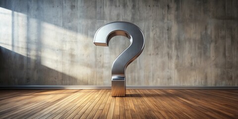 Poster - Metallic Question Mark in a Modern Room with Wooden Floor and Textured Wall
