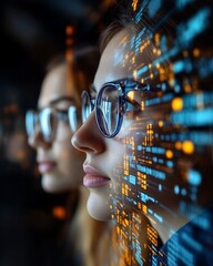 two women programmers with digital overlay.