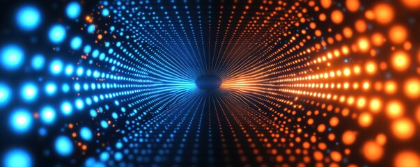 Poster - abstract digital background, glowing dots, technology concept, blue and orange lights, depth perspective, futuristic design, data visualization, vibrant