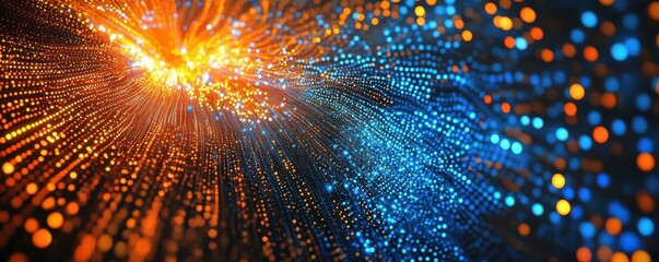 Poster - abstract digital background, glowing dots, technology concept, blue and orange lights, depth perspective, futuristic design, data visualization, vibrant