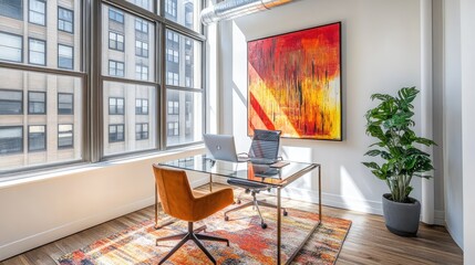 Poster - Stylish office setting with a polished glass desk, modern chair, and abstract wall art under bright daylight from a nearby window. Ample negative space.