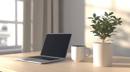 Poster - Workspace with a laptop, potted plant, and a mug of coffee on a light wooden desk in a brightly lit room.