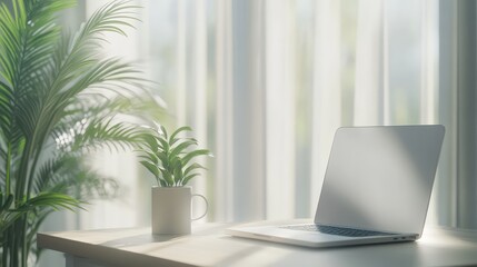 Poster - Workspace with a laptop, potted plant, and a mug of coffee on a light wooden desk in a brightly lit room.