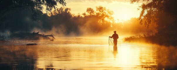 Wall Mural - A fisher casting a net into the water as the sun rises, 4k photo.