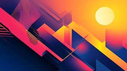 Aufkleber - geometric abstract art depicting a sunset scene with vibrant colors and dynamic shapes.