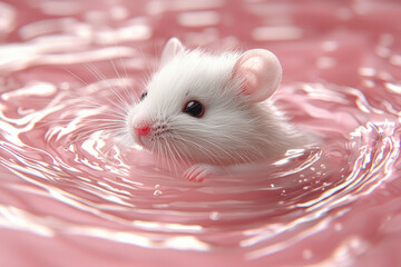 Wall Mural - White mouse with detailed fur texture, floating in rippling pink water, surrounded by delicate water drops, creating a dreamy and soft atmosphere,