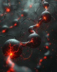 Poster - Organic and surreal design of black spheres and glowing red fissures, forming dynamic wave-like shapes with vivid contrast and fine details,