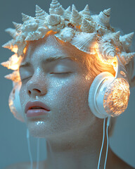 Sticker - A conceptual portrait of a person listening through seashell headphones, evoking a connection to nature and imagination, featuring soft lighting and a minimalist backdrop,