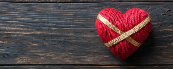 A handmade red heart crafted with yarn and gold ribbon on a wooden surface.