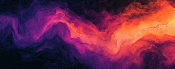 Wall Mural - abstract grainy gradient background purple pink orange black glowing color wave dark backdrop noise 