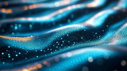 Poster - 3D-rendered surface resembling reptile skin with circular, shiny teal shapes fading into darkness,