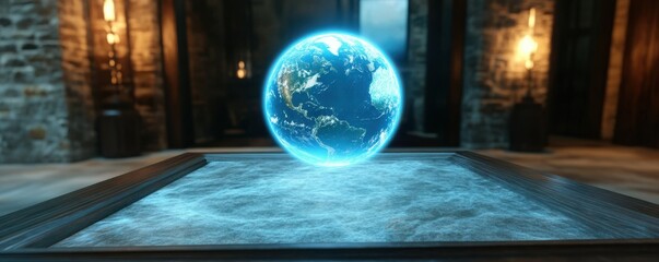 Poster - A glowing 3D hologram of Earth floating above a futuristic table, 4k photo.