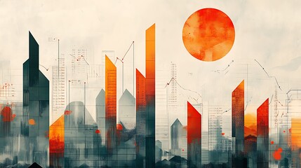 Aufkleber - Abstract painting of a cityscape at sunset incorporating charts symbolizing growth progress.