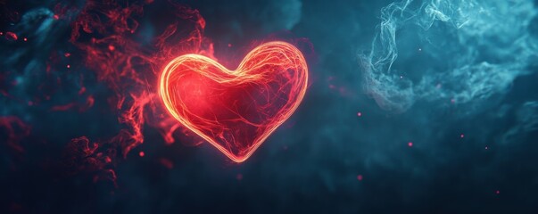 Poster - A glowing neon heart floating in the darkness with abstract vapor trails, 4k photo.