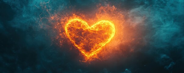 Poster - A glowing neon heart floating in the darkness with abstract vapor trails, 4k photo.
