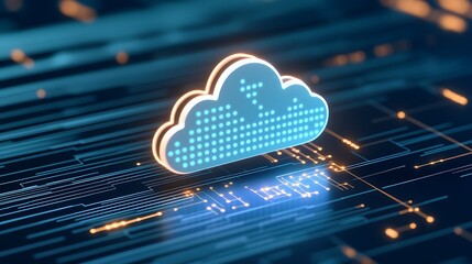 Poster - Abstract Digital Cloud Icon with Dots and Glowing Blue Light on Circuit Board Background for Technology Concepts