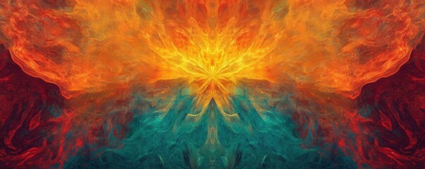 Poster - A glowing sunburst in abstract layers of fiery hues, radiant and bold, 4k photo.