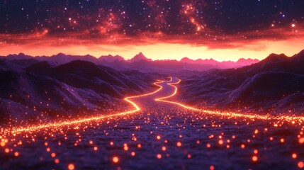 Wall Mural - Glowing Pathway Through Majestic Mountains at Sunset Scene