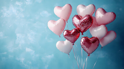Wall Mural - bunch of pink heart shaped balloons on pastel blue wall background with place for text for valentine's day