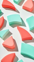 Fototapete - Bright coral and aqua shapes scattered across a minimalist surface create a playful and vibrant design. The geometric forms exude creativity and energy, inviting exploration
