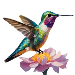 a hummingbird flying near a flower with vibrant wings and a ruby red beak, perched on a branch in a 