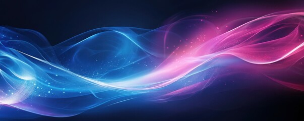 Poster - abstract waves, digital background with blue and pink neon colors, smooth flowing shapes, glowing points creating depth, suitable for futuristic themes and technology concepts