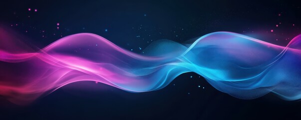 Poster - abstract waves, digital background with blue and pink neon colors, smooth flowing shapes, glowing points creating depth, suitable for futuristic themes and technology concepts