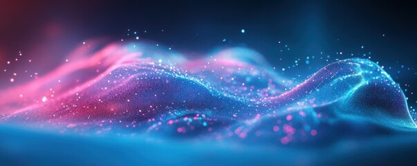 Poster - abstract waves, digital background with blue and pink neon colors, smooth flowing shapes, glowing points creating depth, suitable for futuristic themes and technology