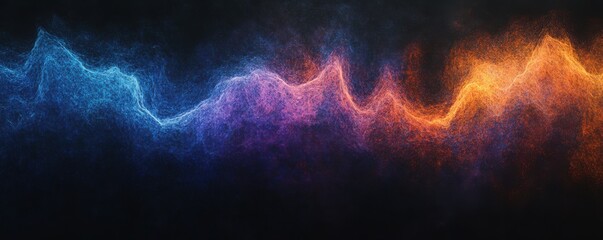 Leinwandbilder - A grainy, dark noise texture background with a glowing color gradient wave in shades of blue, purple, and orange, set against a black backdrop, ideal for banner or poster designs.