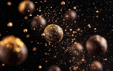dark chocolate truffles with a gold dust coating, floating mid-air on a rich black background