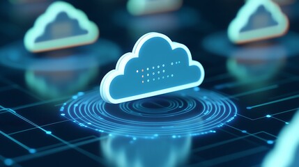 Poster - Digital Cloud Computing Concept with Abstract Cloud Icons on a Futuristic Network Background