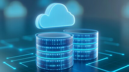 Poster - Digital cloud computing concept with glowing database servers and abstract data network visualization background