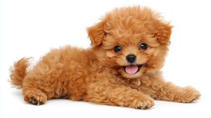 Naklejka na meble Adorable fluffy puppy with curly fur lying on white background
