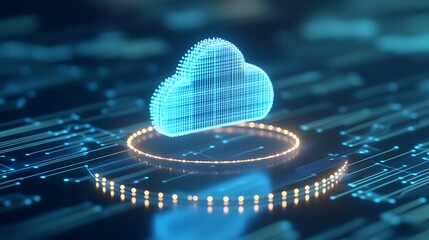 Poster - digital cloud icon with blue glowing effect and abstract data background for cloud computing concept