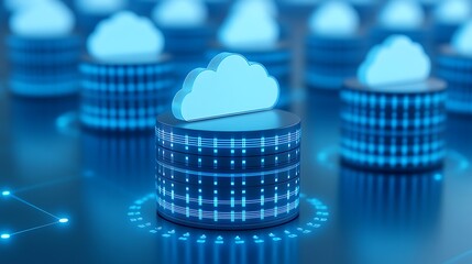 Poster - Digital Cloud Storage Concept with Data Server Visualization and Blue Neon Lights for Technology and Innovation