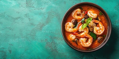 Wall Mural - Aerial view of a bowl of Tom Yam soup with shrimp and mushrooms on a teal background with space for text showcasing vibrant colors and textures