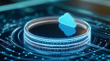 Poster - digital cloud symbol on abstract technology background with circular elements in blue colors and glo