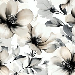 Wall Mural - Elegant Seamless Watercolor Decorative Floral Pattern in White and Black Featuring Delicate Flowers and Leaves for Stylish Design Projects