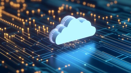 Poster - Digital Cloud Technology Concept with Circuit Board Design and Glowing Light Effects in Modern Background