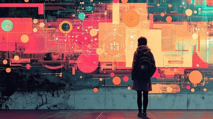 Silhouette of a woman in profile against a vibrant digital background filled with glowing data patterns and interfaces. Technology, creativity, and innovation highlighted. Generative AI