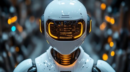 Futuristic robot head close-up.