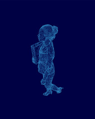 Poster - Woman is standing in a blue background with a backpack on her back. The image is a digital rendering of a person, and the blue color gives a sense of calmness and serenity