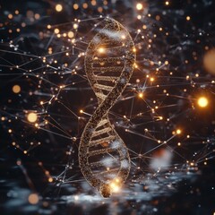 Fototapete - Glowing DNA double helix illuminated by molecular connections in a dark scientific environment. Generative AI