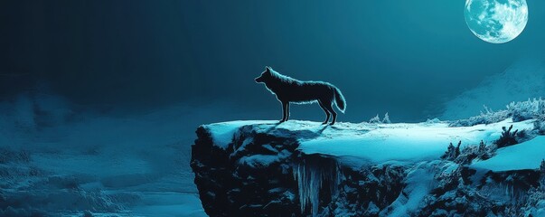 Wall Mural - a lone wolf standing on a snowy cliff under the moonlight, 4k photo.