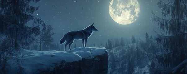 Wall Mural - a lone wolf standing on a snowy cliff under the moonlight, 4k photo.