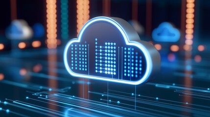 Poster - futuristic cloud computing concept with neon elements and data visualization representations in digi