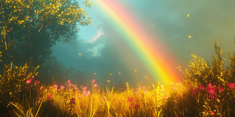 Poster - Beautiful Rainbow in Nature Background in 8K, Perfect for Colorful Landscape Photography