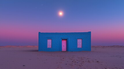 Canvas Print - Blue house in desert, pink door, sunset.